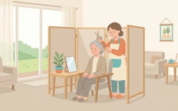 施設で訪問理美容のプライバシーを守る工夫を表すイラスト