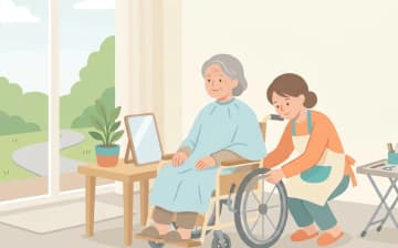 車椅子のままカットする訪問理美容の確認ポイントを表すイラスト
